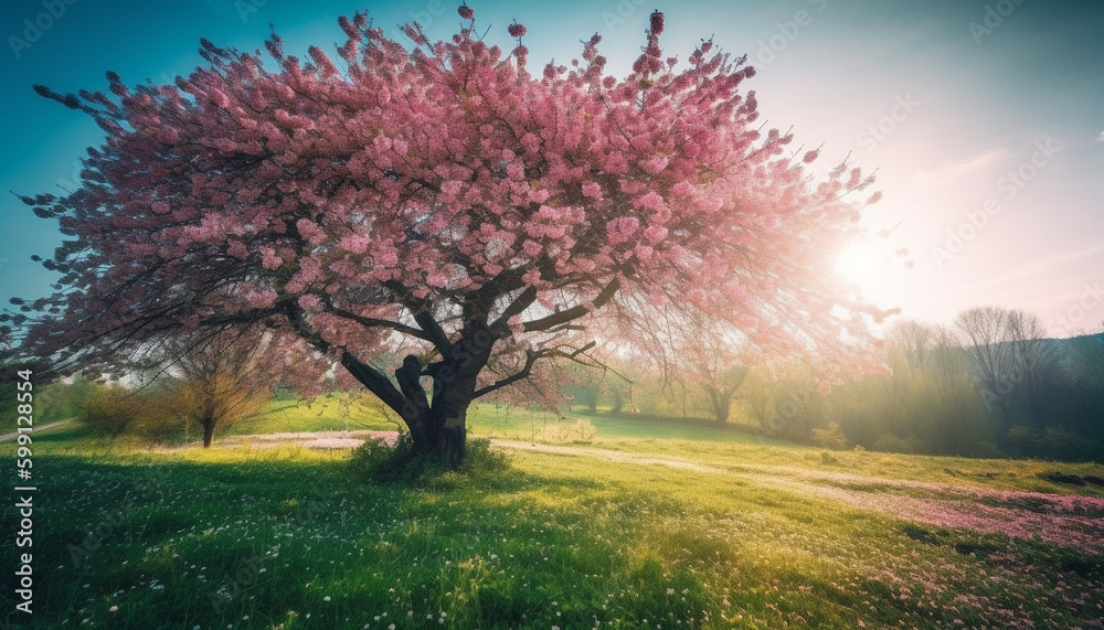 Cherry blossom tree in meadow at dawn generated by AI