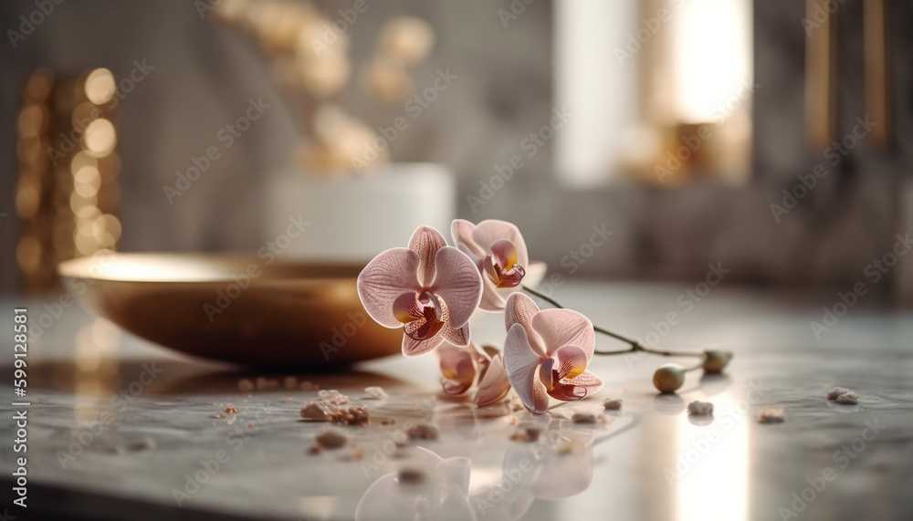 Fresh orchid blossom in elegant wooden vase generated by AI