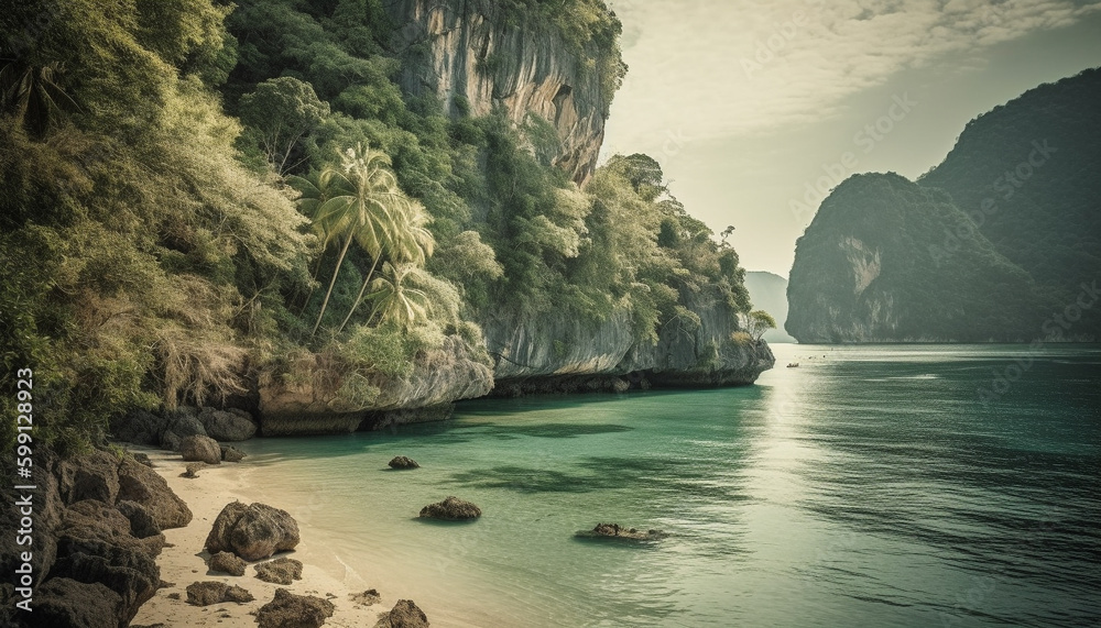 Tranquil scene of limestone cliff and water generated by AI