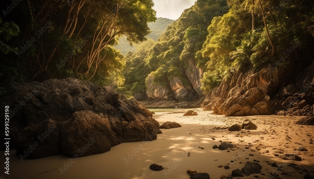 Tranquil scene of a tropical rainforest generated by AI