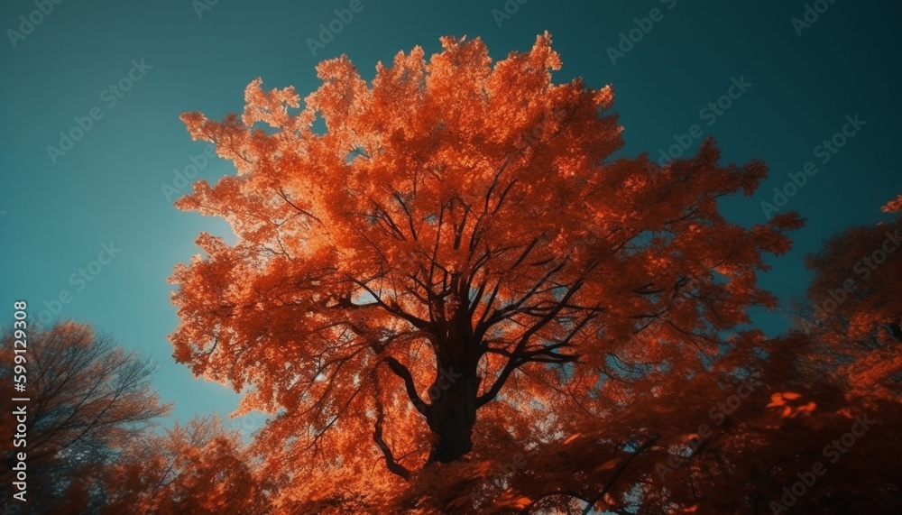 Autumn forest illuminated by vibrant sunset colors generated by AI