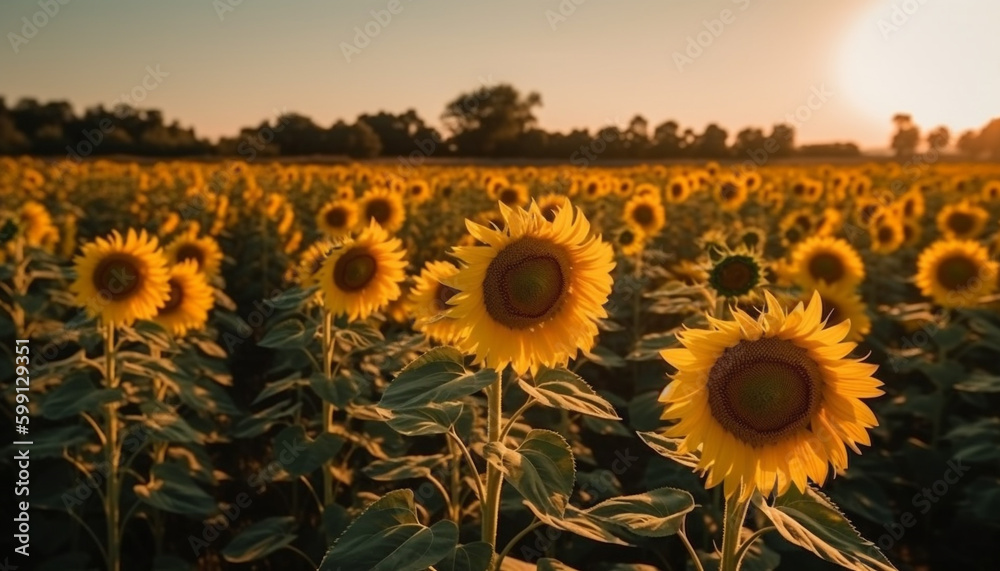 Sunflower blossoms in vibrant summer sunset meadow generated by AI