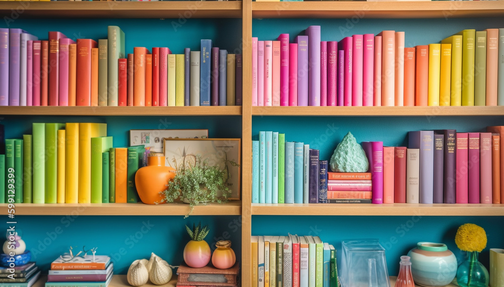 Modern bookshelf collection adds decoration to home interior generated by AI