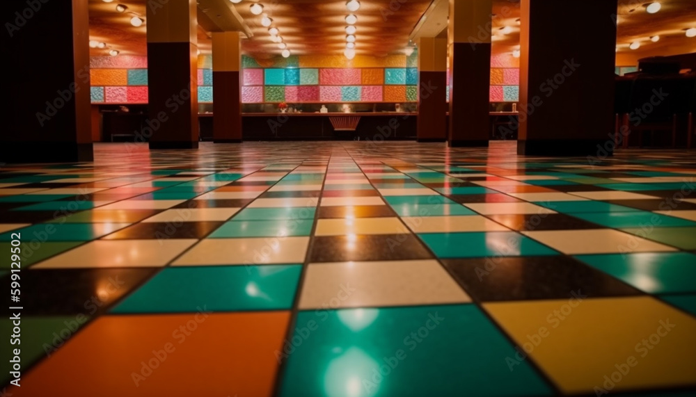 Vibrant colors illuminate modern nightclub striped entrance hall generated by AI