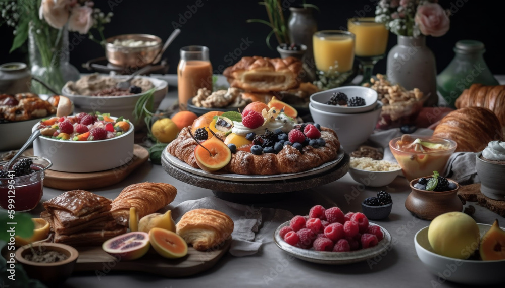 Fresh berry fruit plate, homemade gourmet snack generated by AI