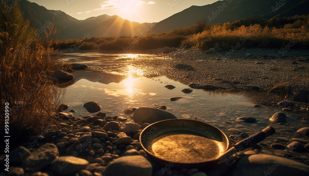 Golden leaves backlit by sunset tranquil beauty generated by AI