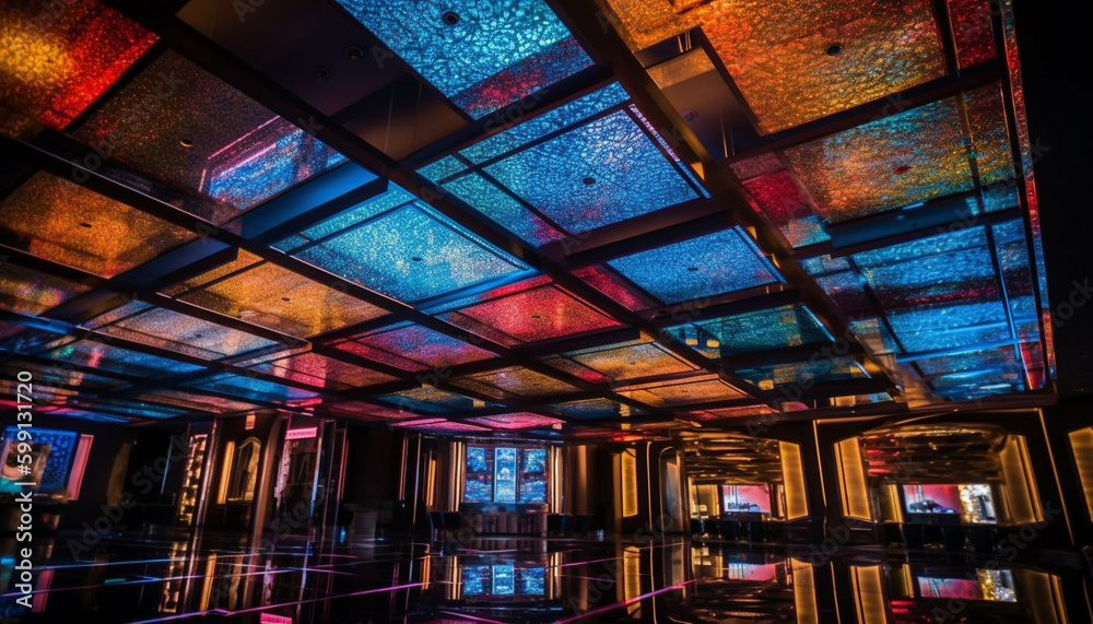 Futuristic nightclub illuminates vibrant city skyscraper architecture generated by AI