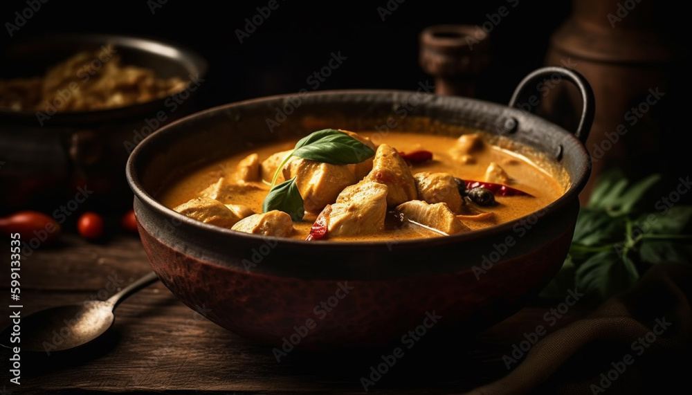 Rustic bowl of homemade vegetable soup stew generated by AI