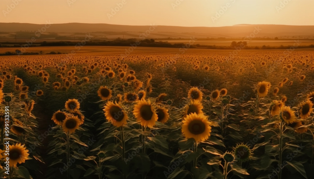 Sunflower blossom in vibrant sunset over rural landscape generated by AI