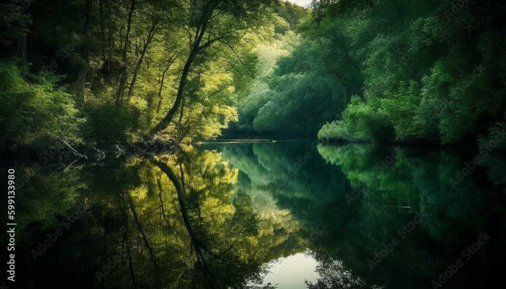 Tranquil scene of reflection in forest pond generated by AI