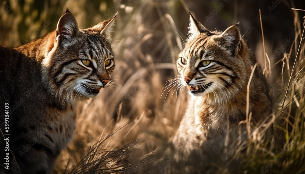 Wild feline beauty staring, hiding in natural grass generated by AI