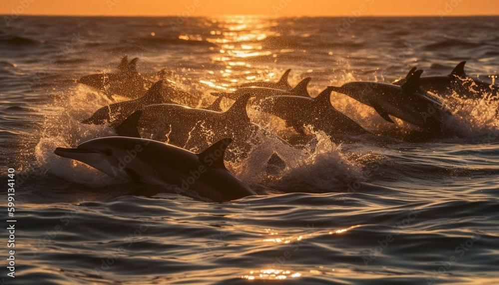 Playful bottle nosed dolphins jumping in sunset sea generated by AI