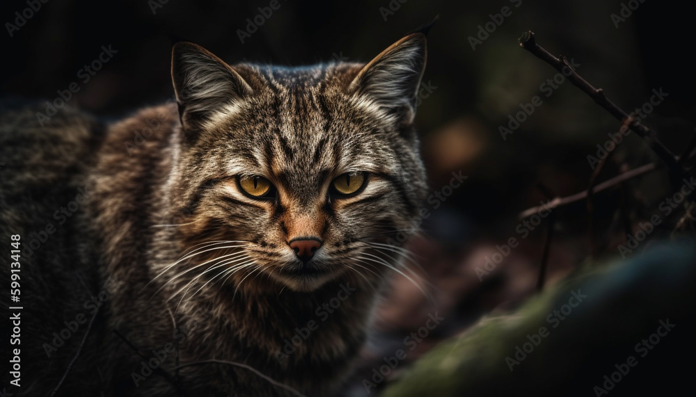 Feline beauty in nature, staring with alertness generated by AI