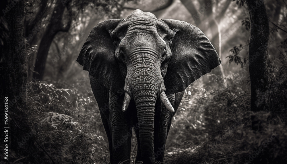 Young elephant walks through African rainforest tranquility generated by AI