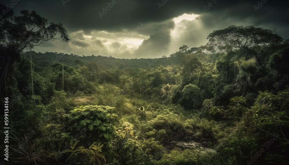 Green leaves on tree in tropical rainforest generated by AI