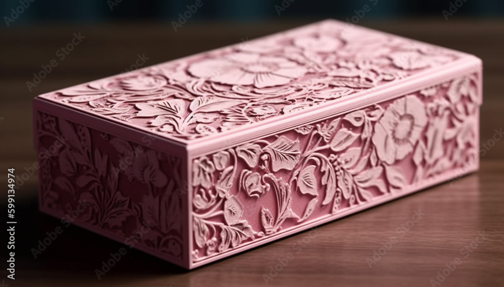 Ornate pink gift box with chocolate dessert generated by AI