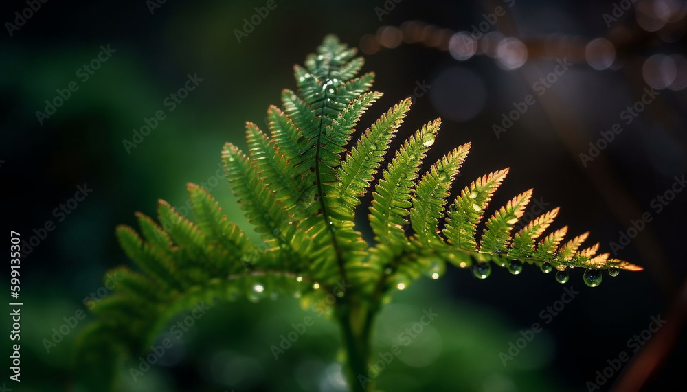 Vibrant fern frond drops dew in sunlight generated by AI