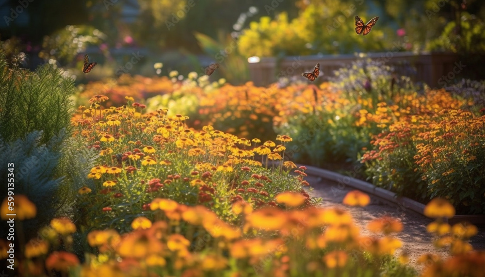 Vibrant wildflowers decorate tranquil meadow at dusk generated by AI