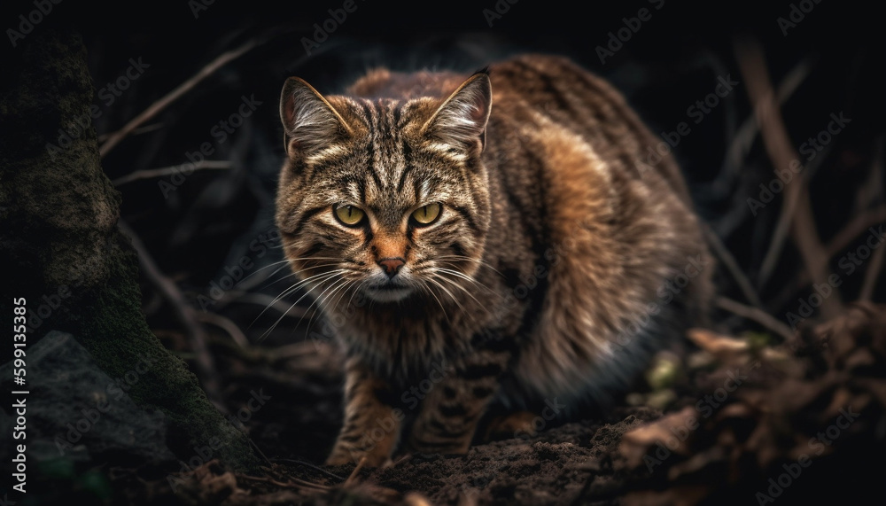 Fluffy kitten staring alertly at nature beauty generated by AI