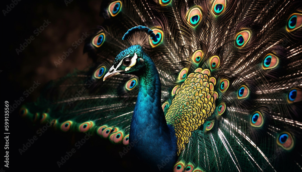 Majestic peacock displays vibrant colors in nature generated by AI