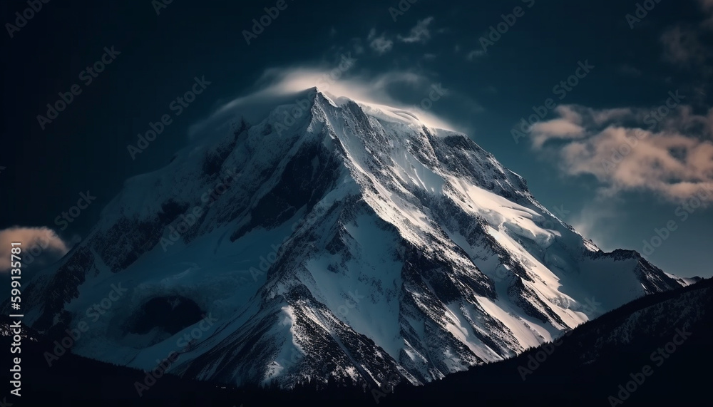 Majestic mountain peak, snow, and panoramic sunset generated by AI