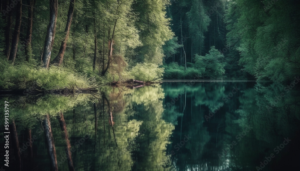 Tranquil scene of green tree reflection in pond generated by AI