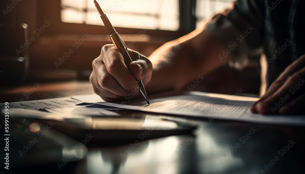 Caucasian businessman sitting at desk, planning success generated by AI