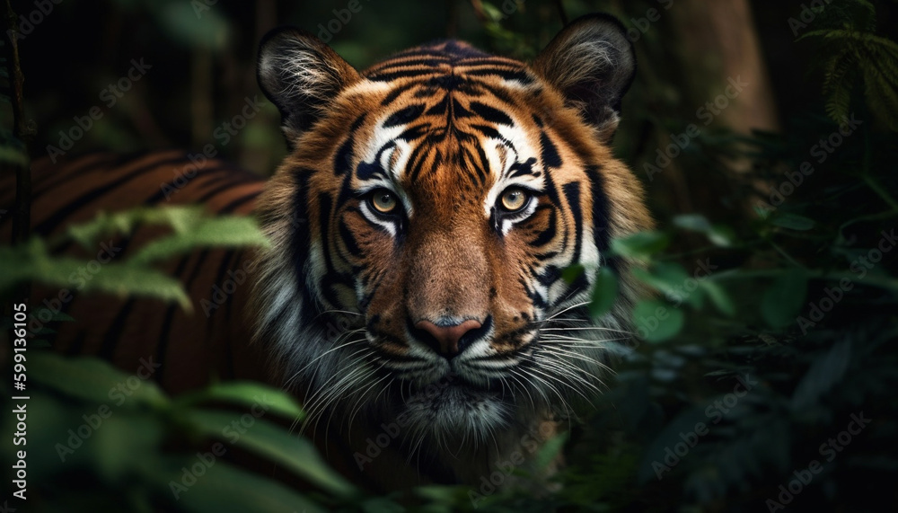 Bengal tiger staring, majestic beauty in nature generated by AI