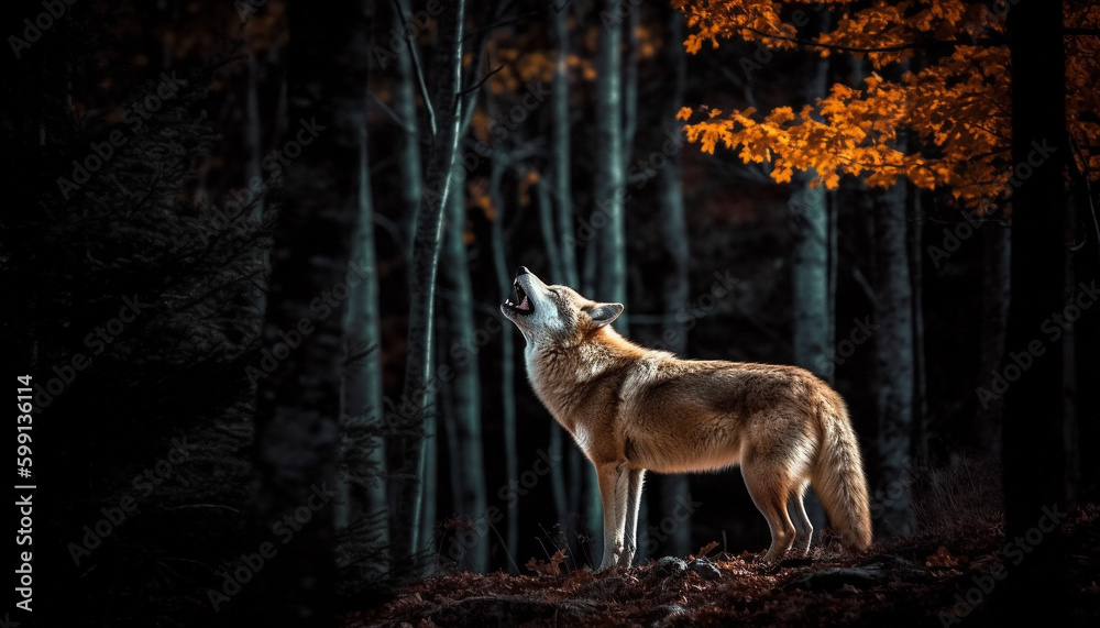 Gray wolf howling in the autumn forest generated by AI