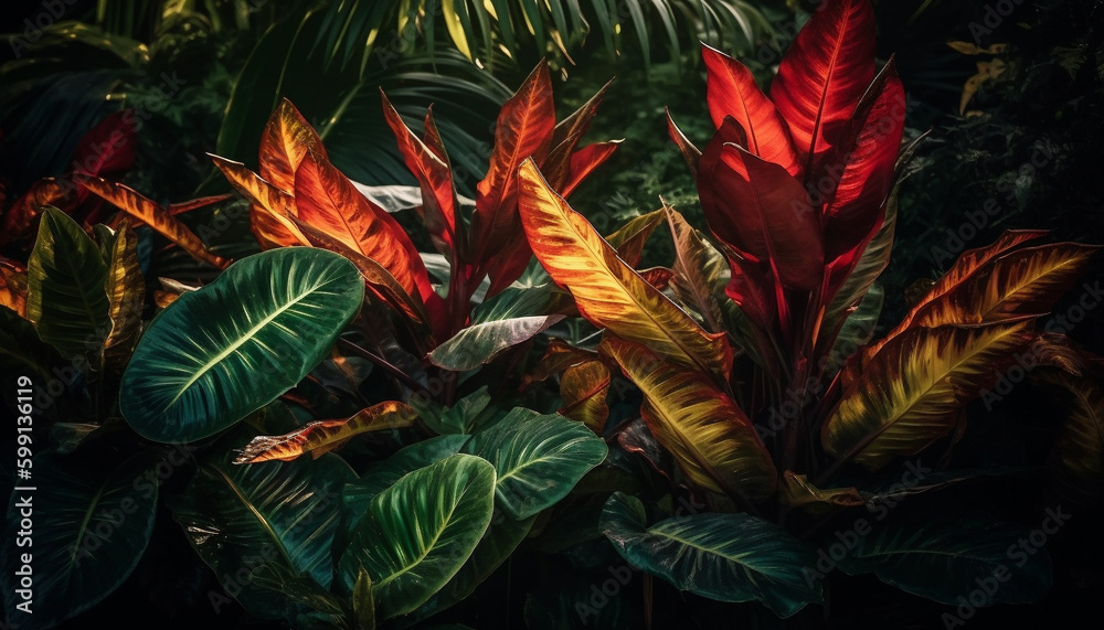 Vibrant green foliage decorates tropical rainforest backdrop generated by AI