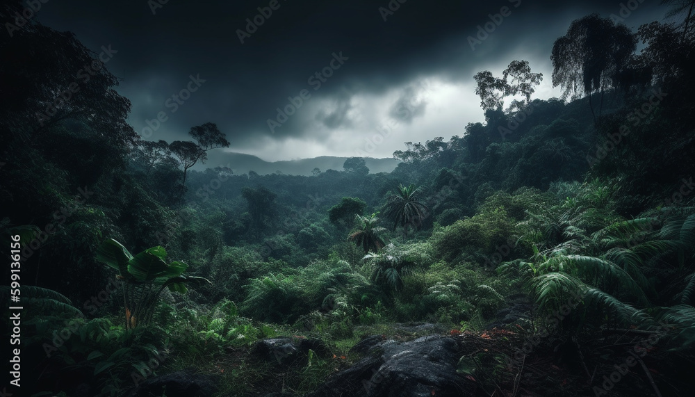 A tropical rainforest adventure dark, wet, mysterious generated by AI