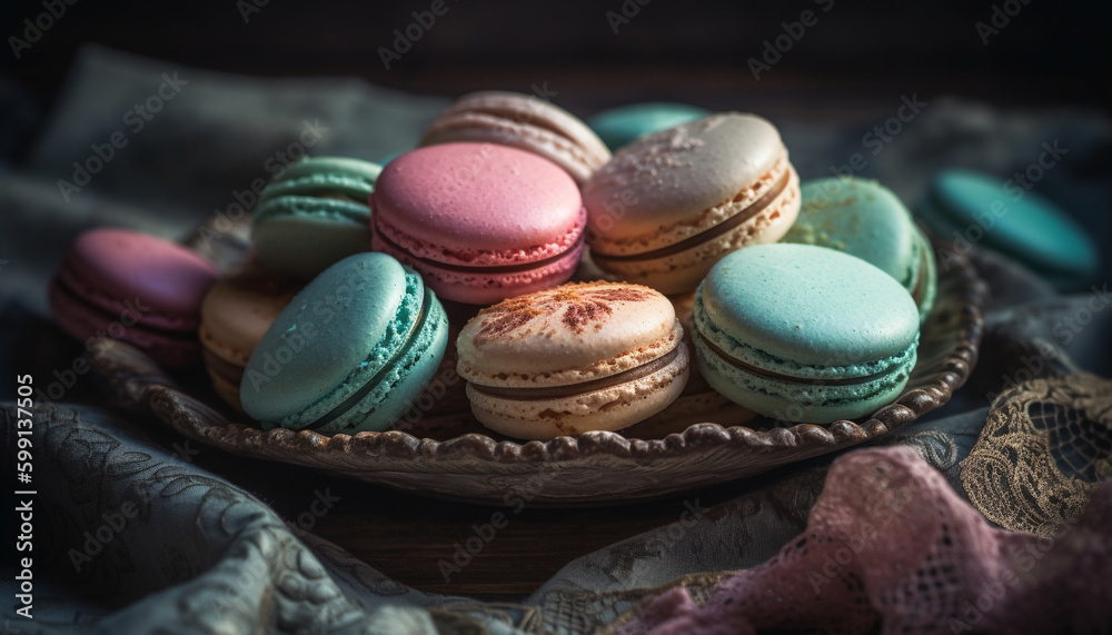 Multi colored macaroons stacked on rustic wooden table generated by AI