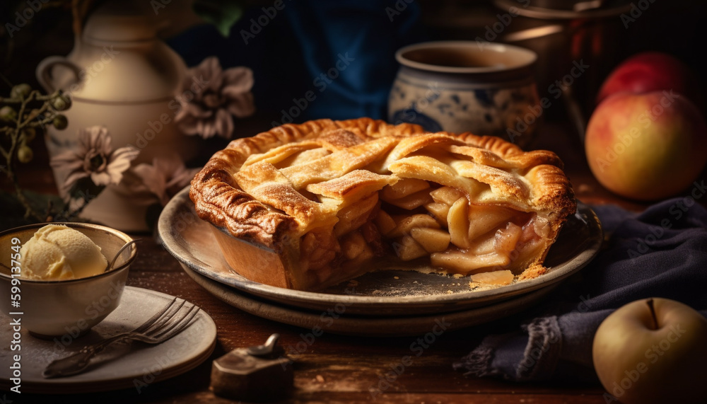 Freshly baked apple pie on rustic wooden table generated by AI