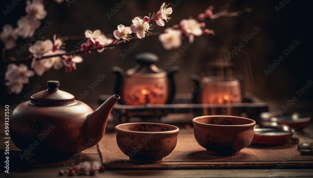 Hot tea in antique earthenware teapot still life generated by AI