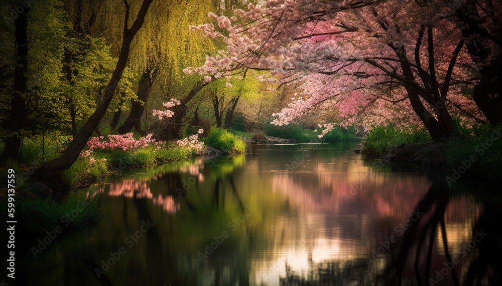 Tranquil scene of pink blossom by water generated by AI