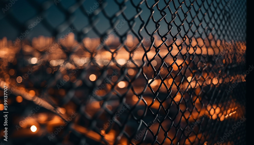 Shiny yellow fence glows in vibrant sunset generated by AI