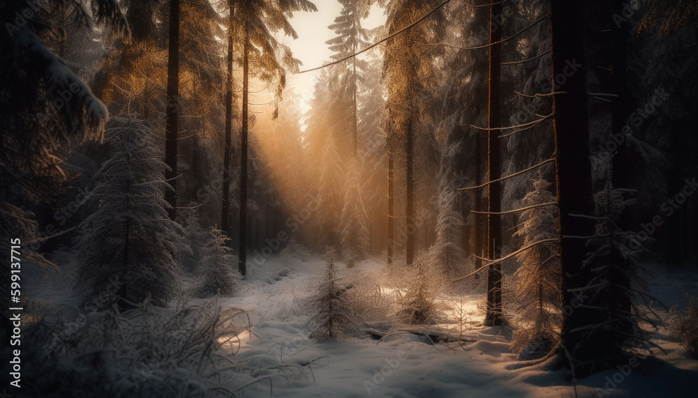 Tranquil scene of winter forest mystery beauty generated by AI