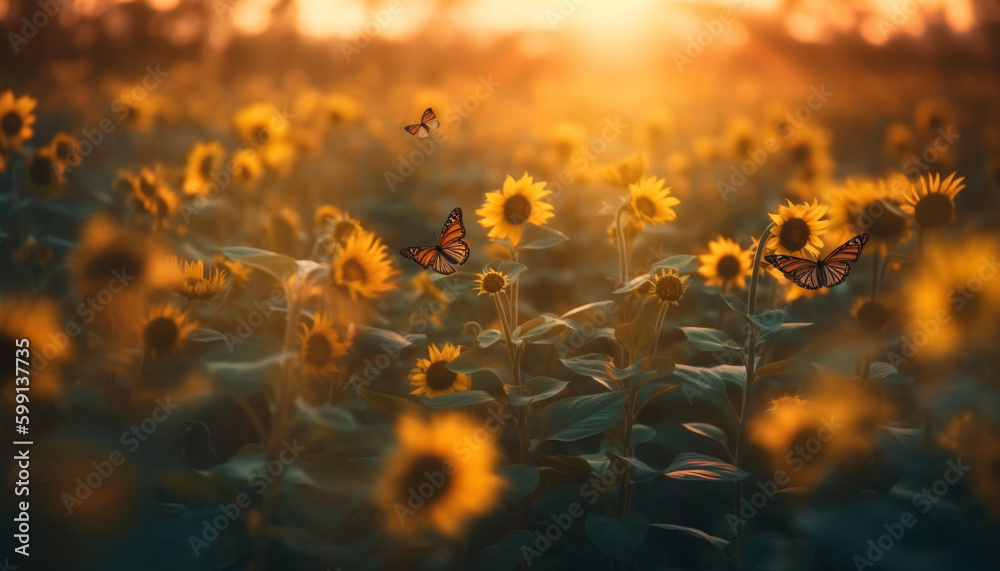 Sunset butterfly in meadow, vibrant colors shine generated by AI