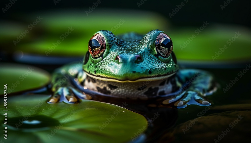 Green toad sitting on wet leaf staring generated by AI