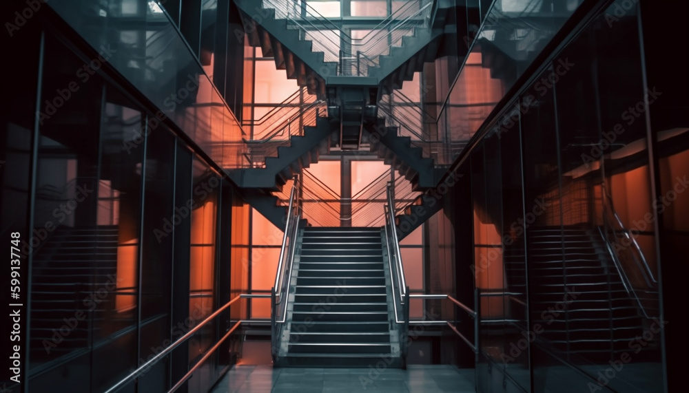 Futuristic steel staircase reflects bright blue light generated by AI