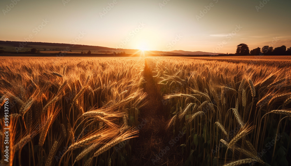 Golden wheat fields glow in the sunset generated by AI