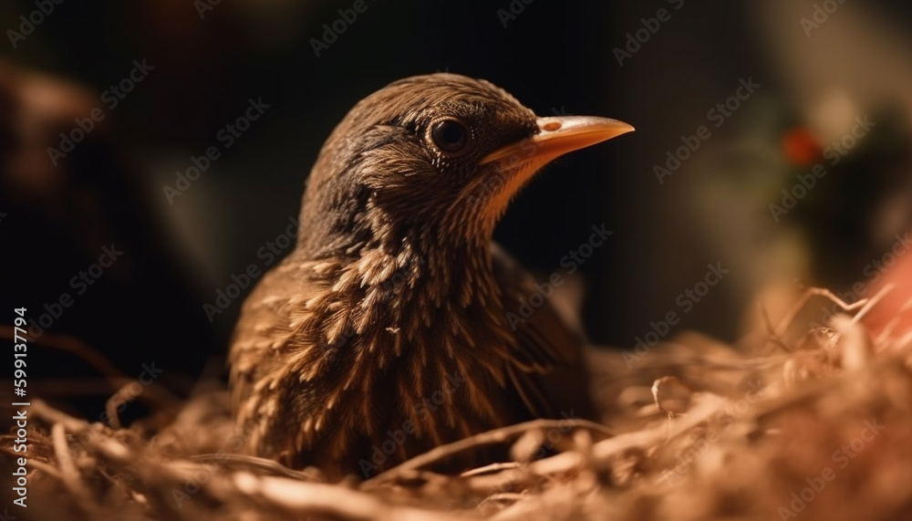 Small bird perched on branch, eye focused generated by AI