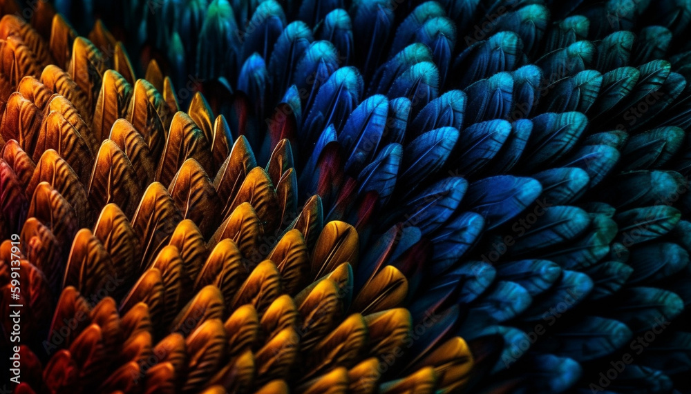 Vibrant colors illuminate abstract pattern on black background generated by AI