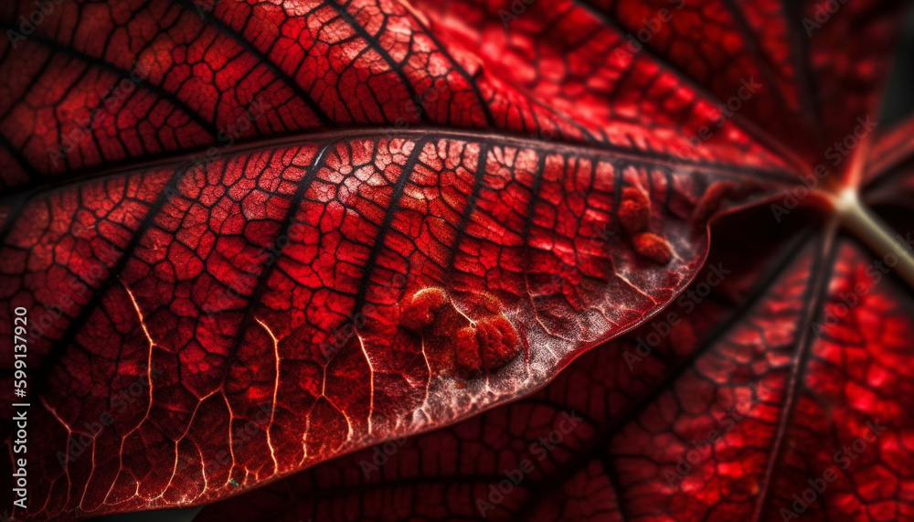 Vibrant leaf vein pattern, backlit with dew generated by AI