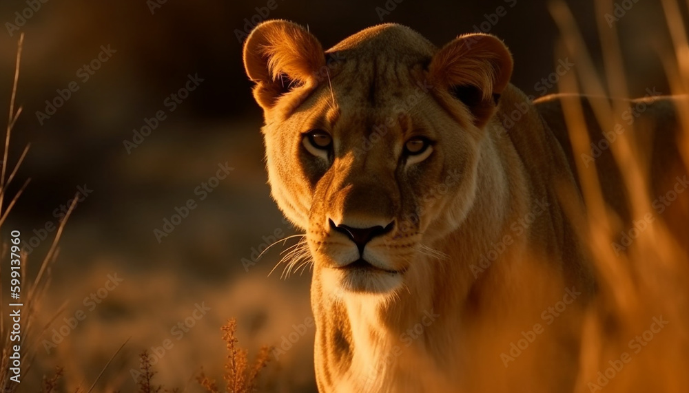 Majestic lioness staring at sunset on savannah generated by AI