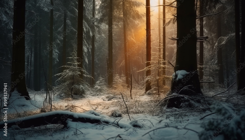 Tranquil forest scene, winter mystery in nature generated by AI