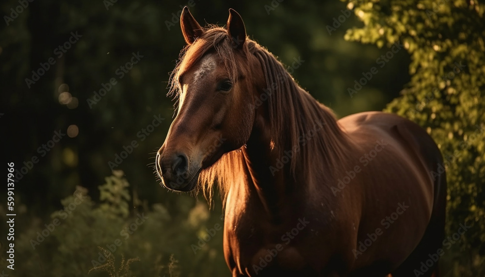 Stallion grazes in tranquil meadow at dusk generated by AI