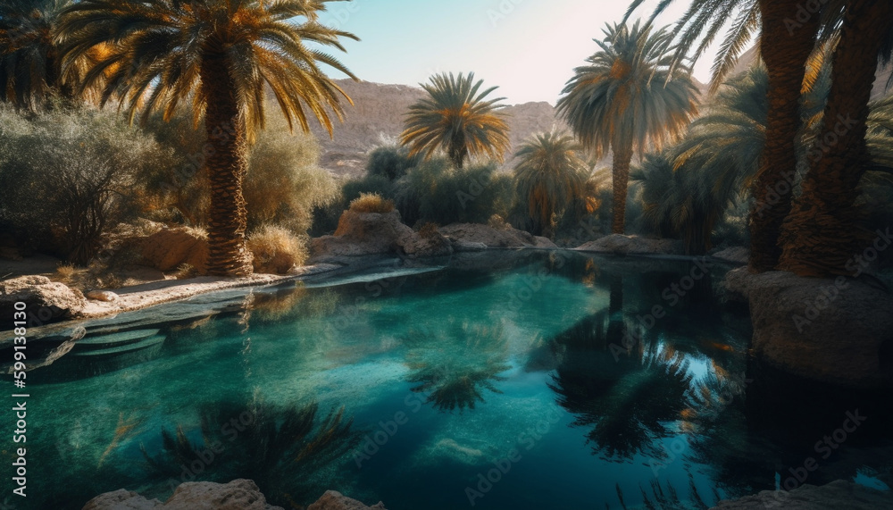 Tranquil scene of palm trees by water generated by AI