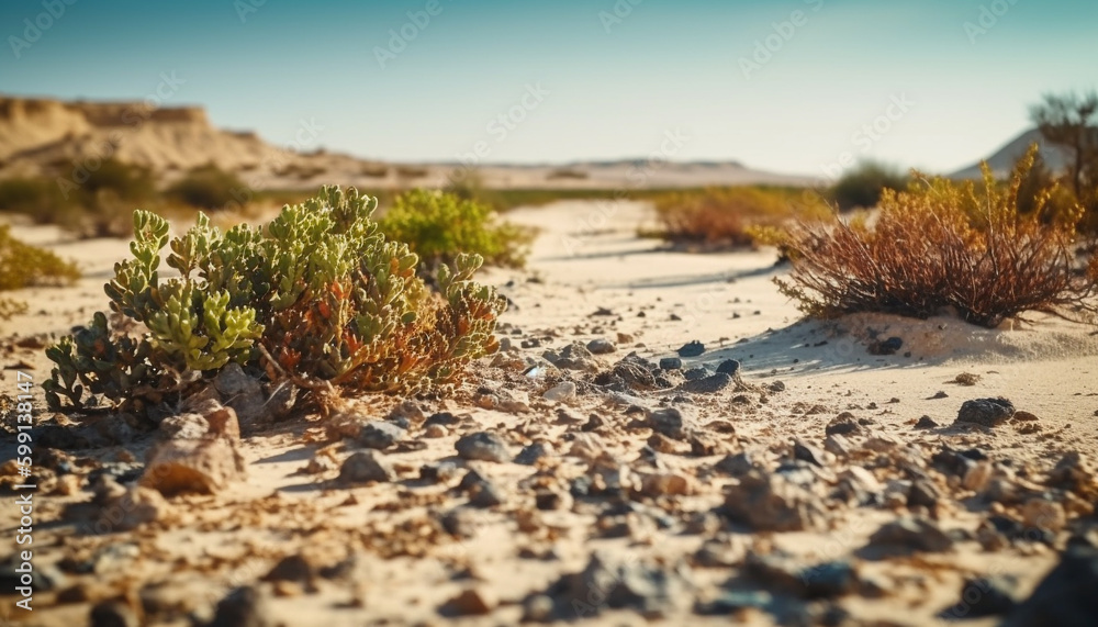 Sunset over arid sand dunes, tranquil beauty generated by AI