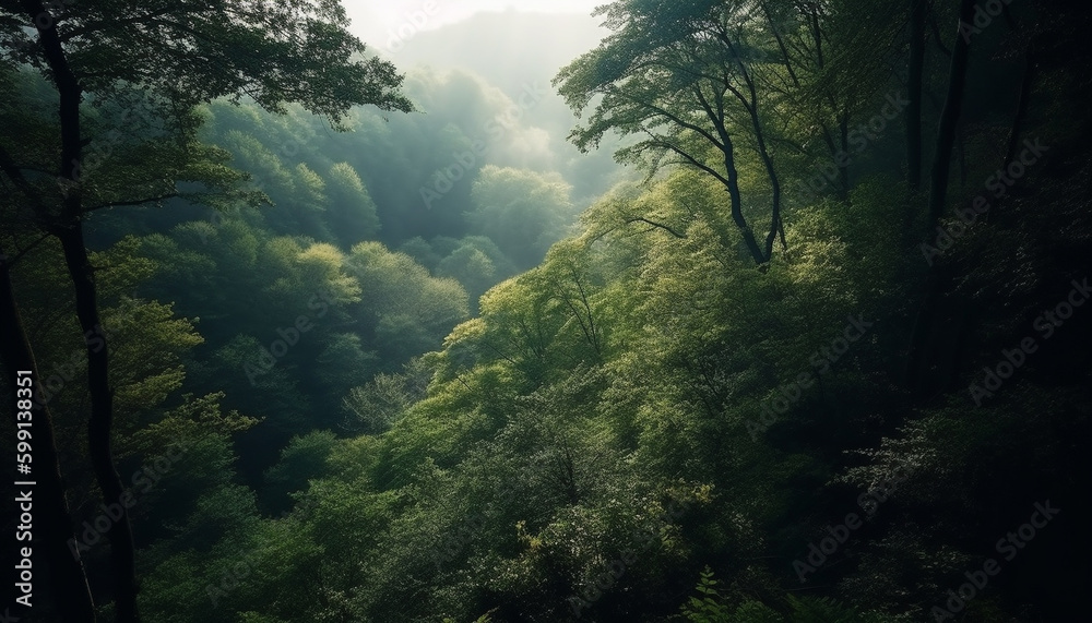 Tranquil forest path leads to mountain peak generated by AI